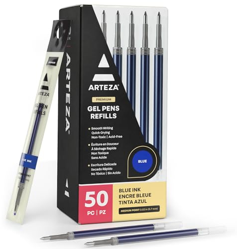 Arteza Gelstifte Nachfüllungen, 50 blaue Gelroller-Minen, mittelfeine 0,7 mm Stiftspitze für Tintenroller, schnell trocknend, ungiftig zum Schreiben, Notieren & Skizzieren