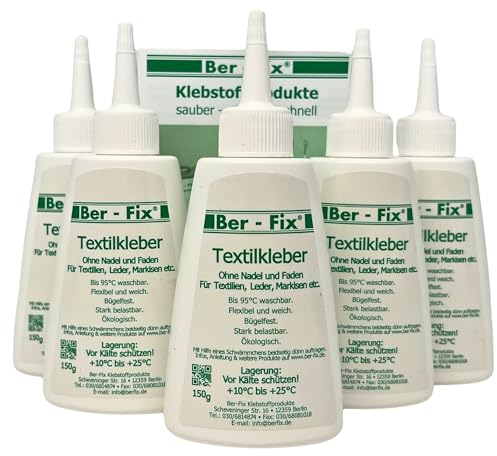 Ber-Fix Textilkleber 5x 150g Starker Stoffkleber für Baumwolle, Leinen & Leder, Waschbar, Flexibel, DIY Reparaturen