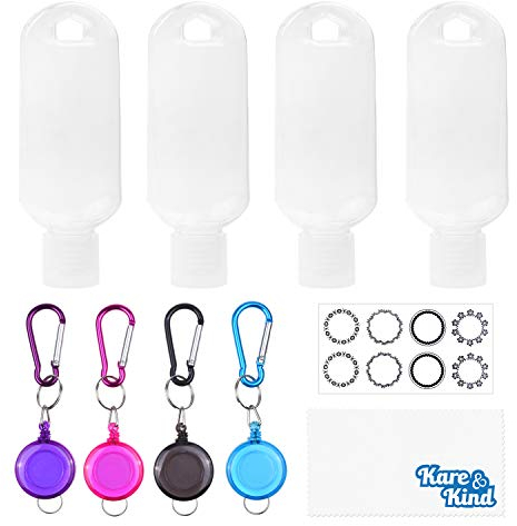 Kare & Kind Clear Tragbare Reiseflaschen - 4X Leere Behälter, 4X Karabiner/Lanyard, 1x Aufkleber-Etikettenblätter - bis zu 50 ML - Für Handdesinfektionsmittel, Reinigungsalkohol, Flüssigkeiten