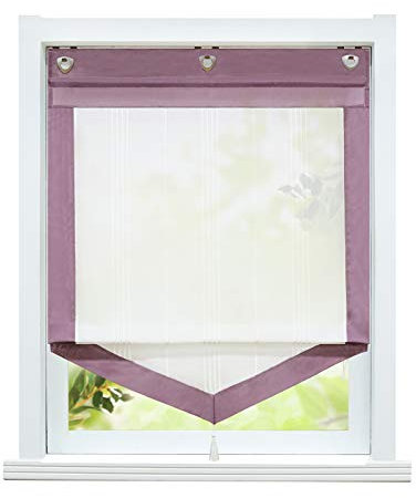 ESLIR Raffrollo ohne Bohren Gardinen Küche Landhaus Raffgardinen mit Ösen Transparent Ösenrollo Vorhang Leinen Violett BxH 80x140cm 1 Stück