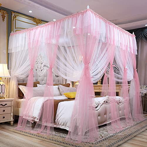 Joyreap Cortinas de Cama con toldo de 4 Esquinas para Adultos, Red acogedora Rosa y Blanca, mosquitera de 4 Aberturas, Bonitos Accesorios de decoración de Dormitorio Estilo Princesa (86 Pulgadas de