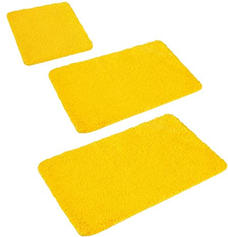 PANA® 'Florenz' Badteppich Set • Flauschige Vorleger für Badezimmer & WC • Waschbare & rutschfeste Badematten • Set: 45 x 45 cm mit WC-Ausschnitt 50 x 80 cm + 60x100cm • Farbe: Gelb