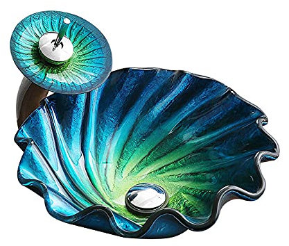 SHUGUANG Lavabo Vasque en Verre Trempé, Vasque à Poser en Verre Trempé en Forme de Coquillage Lavabo Lave-Mains Artistique Lavabo Vasque a Poser avec Robinet Cascade, 450×450×150mm,Blue Green
