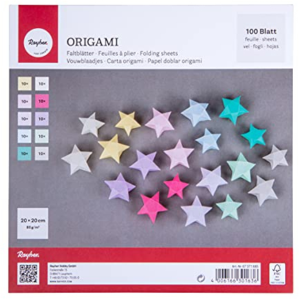 Rayher Origami-Faltblätter, 100 Blatt sortiert, 20 x 20 cm, 80g/m2, FSC zertifiziert,10 Farben beidseitig, Pastelltöne, Bastel-Faltpapier für Kinder und Erwachsene, 67371685