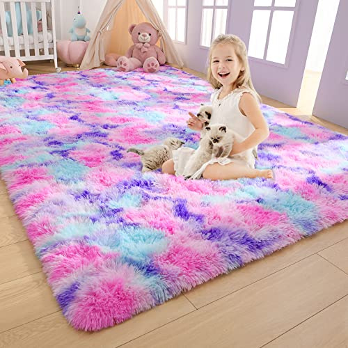 AROGAN Weicher Regenbogen-Teppich für Mädchenzimmer, 90 x 150 cm, flauschig, niedlich, bunt, Prinzessinnen-Teppich für Kinder, Teenager, Kinderzimmer, Kleinkinder, Schlafzimmer, Hot Pink