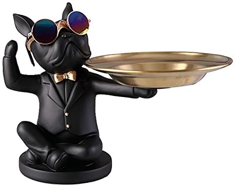 Vinbcorw Französische bulldogge figur mit tablett edelstahl,Tischdekoration skulptur deko,schlüssel schale statue Kleinteile, Behälter, obstschale,Schlüsselbonbons organizer,Schwarz,C
