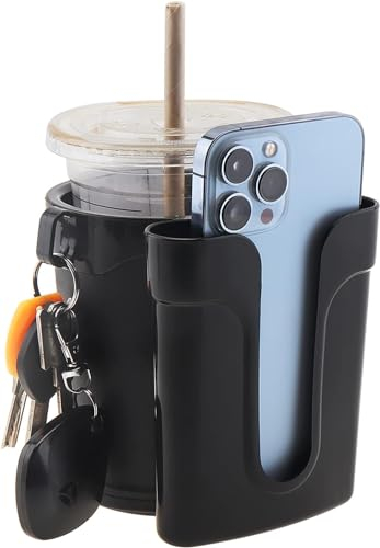 Leather Bicycle Cup and Phone Holder Handlebar Mount - Water Bottle Holder for Electric Bikes, Cruiser & Commuter Bicycles with Keys Pouch Black