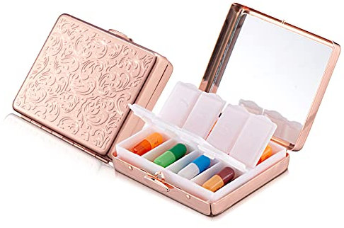 Tragbare Metall-Reisetablettenbox mit Spiegel/8 Fächern (Rose gold)
