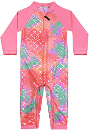 weVSwe Traje De Baño para Niña De Manga Larga Rash Guard Swim SPF 50+ Protección Solar para Niños Pequeños Escamas De Pescado Rosa 12-18 Meses
