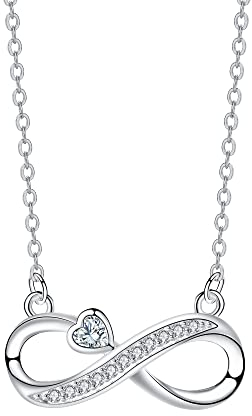 Arrebol Unendlichkeit Kette Damen Halskette 925 Sterling Silber Infinity Anhänger mit Weiß Herz Zirkonia Verstellbar Ketten |45cm+5| Für Frauen Schmuck Geschenk