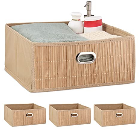 Relaxdays 4 x Aufbewahrungskorb Bambus, Badkörbchen quadratisch, Stoff Regalkorb flach, H x B x T 14 x 31 x 31 cm, faltbar, Natur