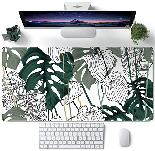 Desk Mat Green Plant Leaf Large Mouse Pad Desk Pad Tropical Boho Desk Accessories for Women Office Decor Laptop Keyboard Mouse Mat XXL Mousepad 31.5''X15.7'' Non-Slip Rubber Base with Stitched Edges