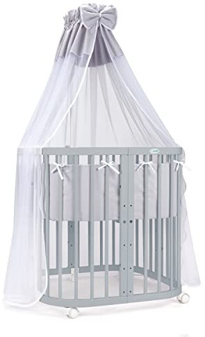 Waldin Babybett aus Holz 7in1 mit Matratze, Mitwachsendes Kinder-Bett, Belüftet, Boden 5-Fach Verstellbar, All-Inclusive-Set, Holz Grau, Stoffe Grau