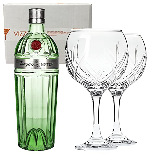 TANQUERAY GIN TEN 47,3% Vol. 1000 ml - Due Bicchieri In Vetro Borgonovo 620 ml