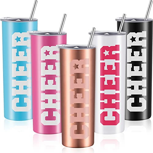 Cheerleader Skinny Tumbler Geschenke, Edelstahl, Cheer Wasserflasche, Becher mit Deckel, Strohhalm und Bürste, Cheerleader-Geschenke, 590 ml, isolierte Wassergläser, Cheer Team Favors, 5 Farben