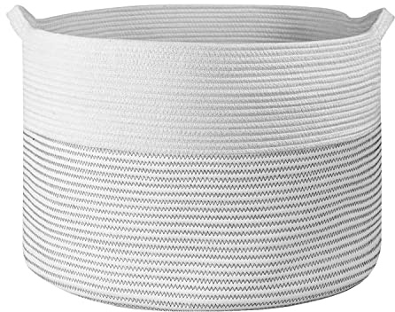 Vinsani Laundry Basket Natural Cotton Hand-Woven Rope Hamper Two Tone Scandinavian Home Décor Minimalist Aesthetic Storage For Clothes Baby Toys Nursery Bathroom and Bedroom Use – White & Light Grey