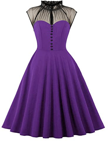Wellwits Femme Robe à Trou Dîner Vintage Tulle Nœud Haut Décolleté Volants Violet M