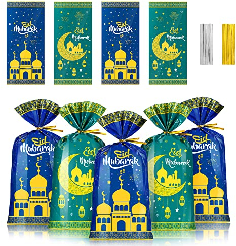 120 Stücke Eid Mubarak Tüten, Ramadan Geschenke Taschen mit Krawatten, Ramazan Geschenktüte kinder Zellophanbeutel, Party Treat Cellophantüten Moschee Laterne Plätzchentüten für Zuckerfest Schokolade