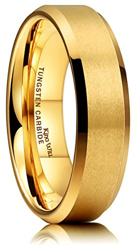King Will GLORY 6mm Matte Finish Wolframkarbid Ring 24K Gold plattiert Komfort Fit Hochzeit Band(7)