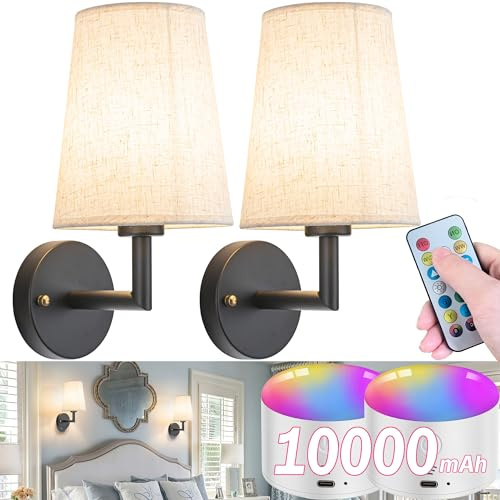 Applique murale à piles avec télécommande, à intensité variable, à piles, lampe murale d'intérieur sans fil avec ampoule rechargeable pour chambre à coucher, salon (