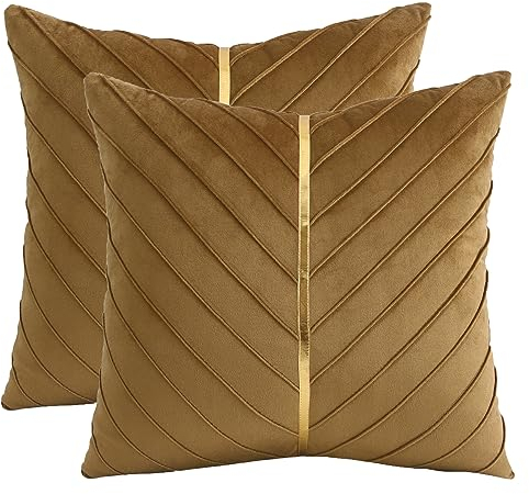 Tosleo 2 Stück Brauner Samt-Kissenbezug mit Goldenem Leder Dekorativer 40x40cm Couch-Kissenbezug Luxuriöse Moderne Kissenbezüge für Wohnzimmer Schlafzimmer Sofa Bett