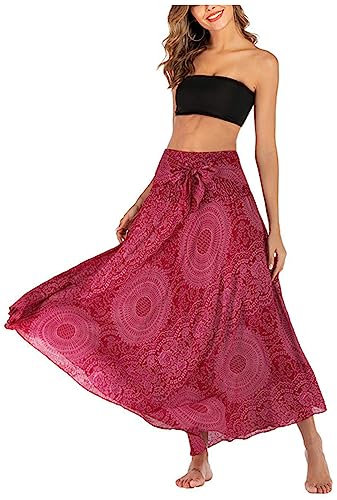 Jupe longue bohémienne asymétriques pour femme - Style ethnique - Motif floral - Midi - Dos nu - Robe deux voies à porter - Douce et fine - Cool et respirante - Jupe d'été, D bordeaux & vieux rose,