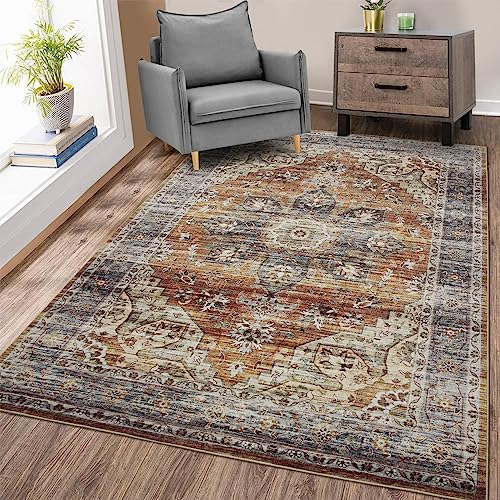 LuxFocus Teppich für Wohnzimmer, waschbar, Vintage-Stil, orientalischer Used-Look, Bauernhaus, großer Innenteppich, wasserabweisender Teppich für Zuhause und Büro, 160 x 230 cm, Orchre