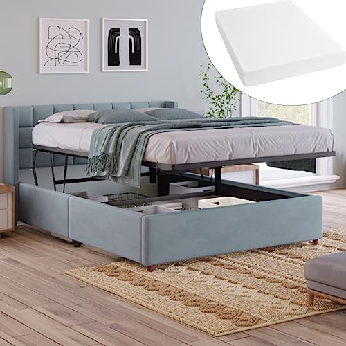 Daesar Doppelbett 140x200 mit Matratze, Metall Bettgestell mit Lattenrost, Polsterbett Hydraulisch mit Stauraum, Modern Funktionsbett Stauraumbett Samt Blau Grau für Erwachsene Jugendliche