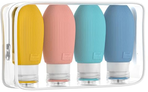 TEIVUL 4 PCS 100 ml Travel Bottles for Toiletries, Silicone Travel Bottles with Labels and Clear Zipper Toiletry Bag Refillable Leak-proof Travel Toiletries for Makeup Shampoo Body Wash and Toiletries