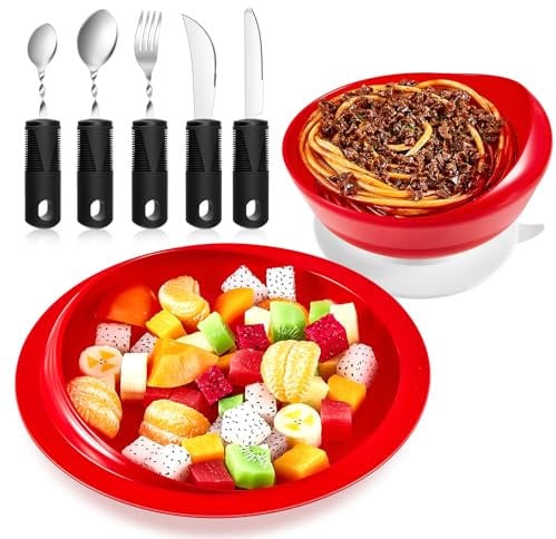 2 Sets Adaptive Utensils Bowl and Plate Set Adaptive Self Feeding Dinnerware with Suction Base Non Slip Bendable Cutlery for Elderly Disabled Hand Tremors Arthritis Parkinson(Red)