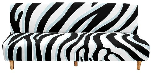 Surwin Sofabezug ohne Armlehnen Stretch Armlose Sofabettüberzug Antirutsch Zebra-Druck Clic Clac Sofahusse Schonbezug Protector für Klappcouch Schlafsofa mit 2-3 Sitzplätzen (120-150cm,Weiß)