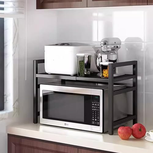 WMLBK Expandable 3-Level Microwave Shelf with Hooks, Industrial Style, Kitchen Shelf