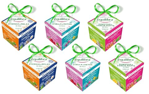 Equilibra Integratori Alimentari - Cofanetti Tisane e Infusi Mix, 100% Ingredienti Funzionali, Selezione di 2 Diverse Tisane per Cofanetto, Materiali 100% Riciclabili, 6 Box Regalo, 60 Filtri