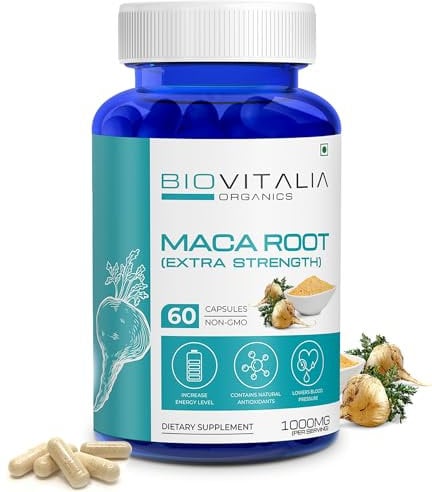Biovitalia Capsule d'extrait de racine de maca 1000 mg | Complément alimentaire | Promouvoir la vie active | Support Daily Energy Bon pour les hommes et les femmes - 60 Capsules végétaliennes