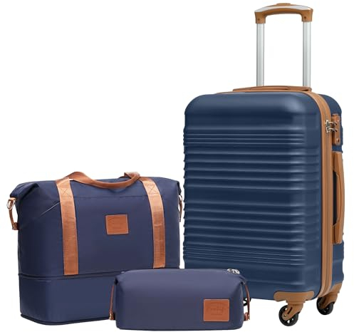 COOLIFE Koffer Set 3 Teilig, Gepäck Set Klein 20‘’ ABS Hartschale, Handgepäck 4 Rollen TSA-Schloss mit 1 Erweiterbare Reisetasche und 1 Kulturtasche für Reisen