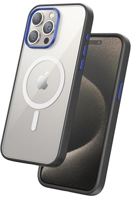 FLOLAB Surtect Tri-Fusion Magnetische Schutzhülle für iPhone 15 Pro, schlankes Design, Magsafe-kompatibel, militärischer Rahmen, transparent, blauer Saphir