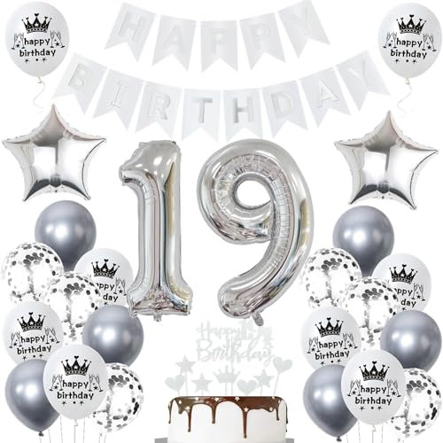 Ohaoduo Deko 19. Geburtstag Mädchen Jungen Silber Tortendeko 19 Geburtstag Jungen Mädchen Deko 19 Geburtstag Silber Mädchen 19 jahre Geburtstagsdeko 19 jahre Junge Ballon 19 Geburtstag Mädchen