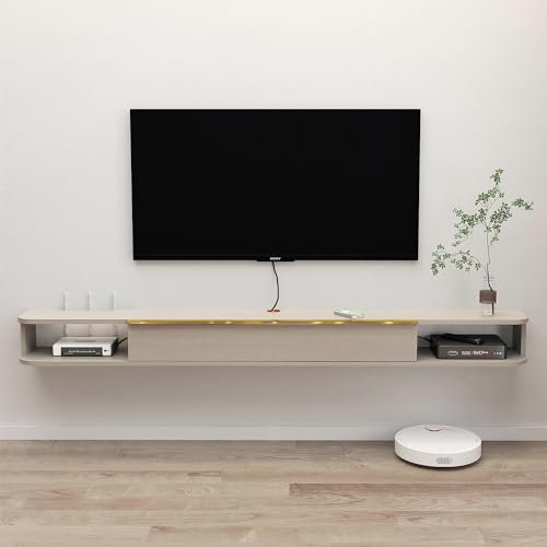 Pmnianhua Floating TV Stand, Wall Mounted Entertainment Center TV Media Console, Floating Shelves with Door, Floating TV Cabinet Large Storage TV Bench for Living Room (Beige, 190cm)