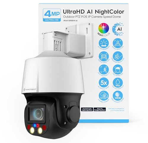 Amcrest 4MP Outdoor PTZ POE + AI IP Camera Pan Tilt Zoom (Optical 5X Motorized) Security Speed Dome, Human and Vehicle Detection, IVS, Face Detection, Auto Tracking, POE+ (802.3at) IP4M-1098EW-AI