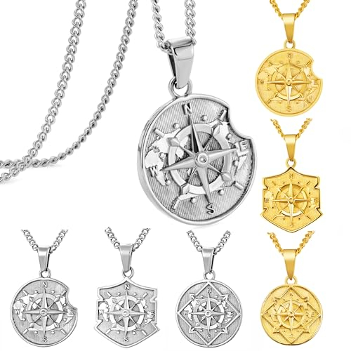 murtoo Kette Herren, Halskette mit Kompass Anhänger für Herren, Silber Gold Münze Plättchen Kette für Herren Damen, Edelstahl Halskette Geschenk für Herren Damen