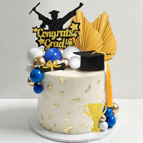 DRWATE Graduate Cake Toppers Mortarboard Blue Golden White Ball Cake Toppers Trophy Congrats Decoration for 2024 High School College Senior Graduation Party Supplies (Blue)