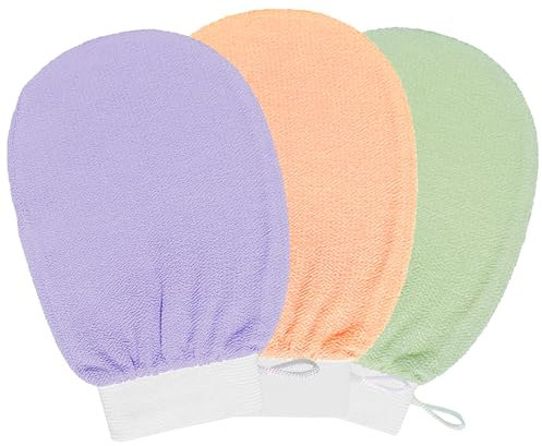 3x Gant Exfoliant Corps, Gant Gommage Corps avec cordon de suspension, Gants Exfoliants pour le corps, Gant de toilette exfoliant, Sensation de Spa Agréable Sans Savon Noir - Vert, Violet, Orange