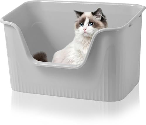 Duscdesp Caja de arena para gatos con parte superior abierta, 44 x 38 x 22 cm, bandeja extra grande a prueba de salpicaduras para conejo, gatito (gris)