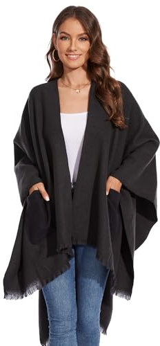 colornival Damen Vorderseitig Offener Schal mit Taschen Weiche Strickjacke für Frühling, Herbst und Winter (Schwarz)