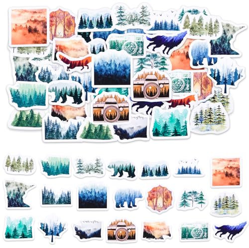 Wald Aufkleber,46 Stücke Mini Größe Abenteuer Ästhetische Outdoor Aufkleber,Scrapbook Aufkleber Zubehör, Natur Aufkleber für Wasserflaschen Laptop Scrapbook,Wald Bäume Tiere Aufkleber für Kinder Teens