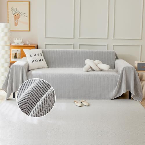 TAOTAOGO Sofaüberzug für 2/3/4 Sitzer, L-förmige Ecksofas, Fischgrätmuster Einfarbige Chenille Sofa Überwurfdecke, Waschbar Sofaüberwurf, Couchüberzug mit Quasten B Hellgrau 180x340cm