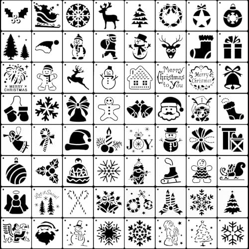 64pcs Pochoirs de Peinture de Noël, 7,6x7,6cm Carrés Réutilisables Pochoirs de Noël pour Bricolage Pochoirs de Noël pour la Peinture Décoration de Noël Pochoirs pour Vitres Papier Bois