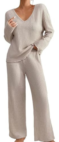 Ensemble Femme Chic et Elegant Pyjama à Manches Longue 2 Pièces Pantalon à Taille Élastique Haut Tricot Vêtement de Nuit Doux Vêtement d'Intérieur Sleepwear Grande Taille Pyjama Femme (Beige, M)