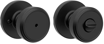 Kwikset Maven Bouton de porte d'intérieur avec serrure, poignée de porte ronde pour salle de bain et chambre à coucher, noir mat, sans clé, avec protection Microban