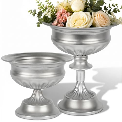 WORTH Bright Silver Urn Vases for Centerpieces Set of 2 (8.8 x 7.8 & 6.1 x 7.8), Classic Metal Trumpet Flower Pots for Table, Bowl Vase for Wedding Party Event Home Deco, Smooth, Non-Aged